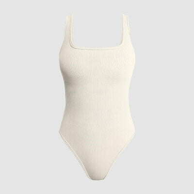 Ribbed Square Neck Sleeveless Active Bodysuit