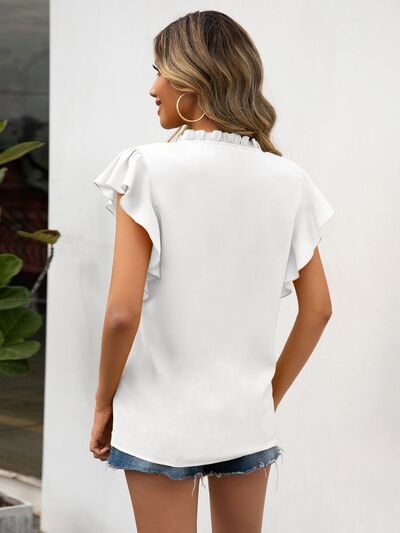 Ruffled Notched Cap Sleeve Blouse