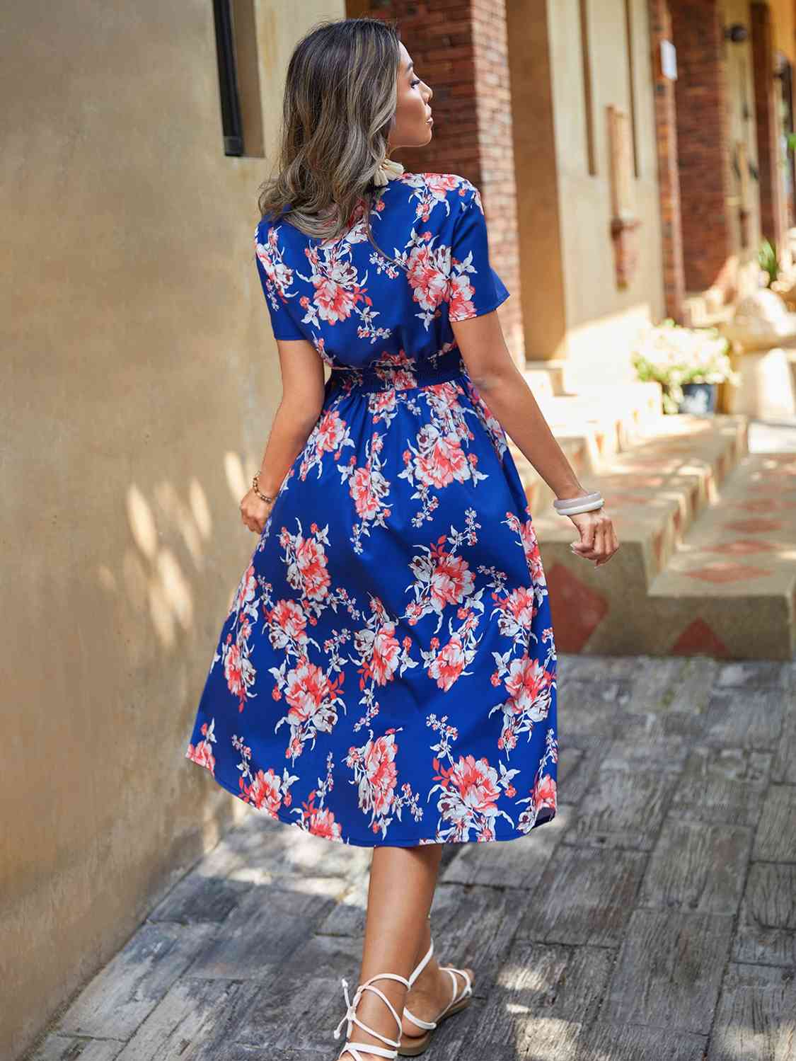 Elastic Waist V Neck Floral Print Midi Dress