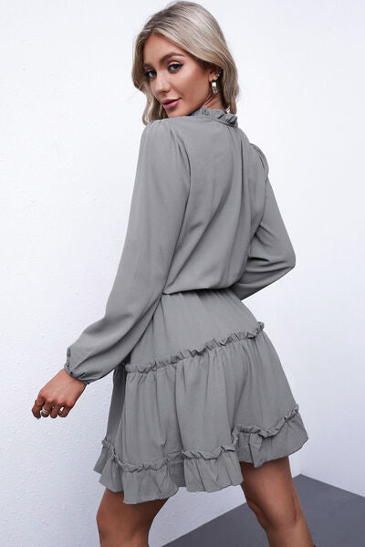 Frill Tie Neck Balloon Sleeve Dress