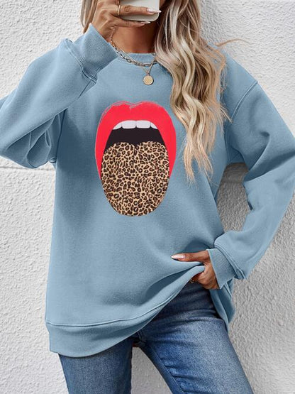 Leopard Lip Graphic Round Neck Sweatshirt