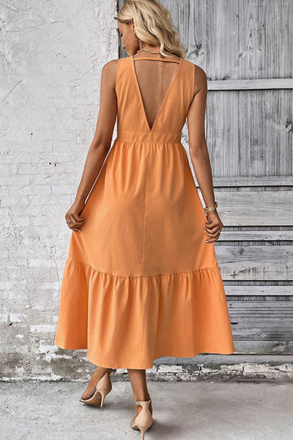 V-Neck Open Back Decorative Button Dress