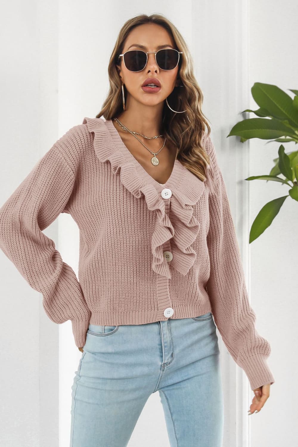 Ruffle Trim Button-Down Dropped Shoulder Sweater