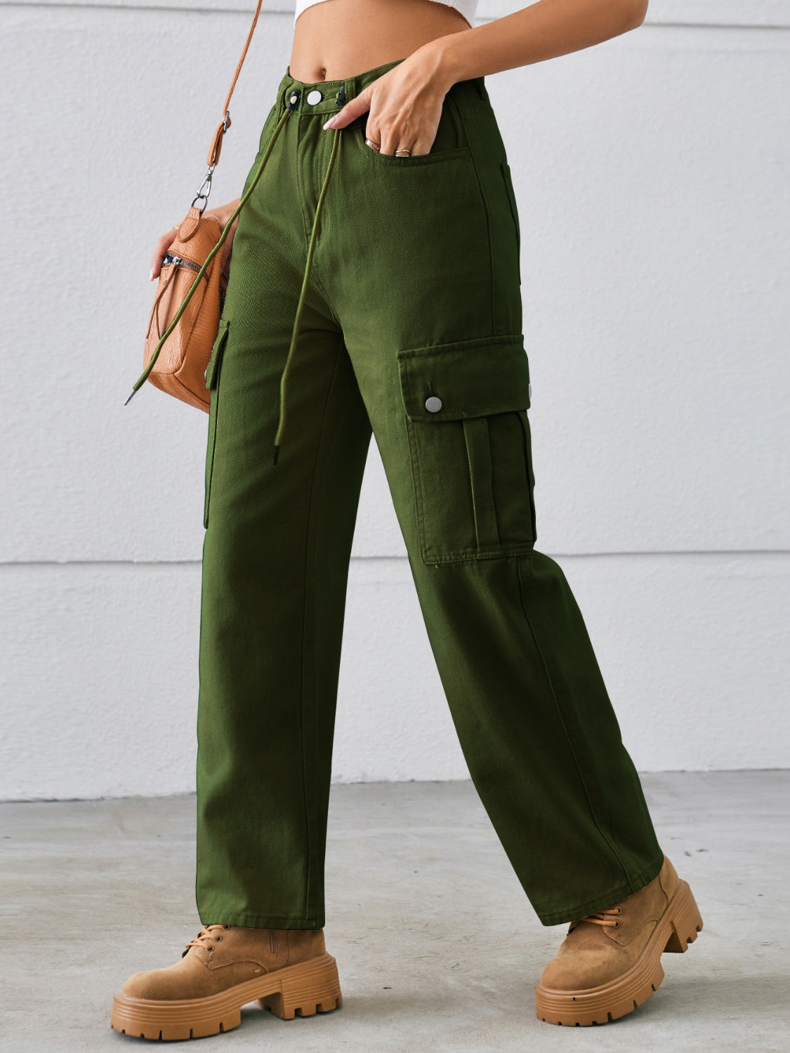 Drawstring Mid-Rise Waist Straight Cargo Jeans