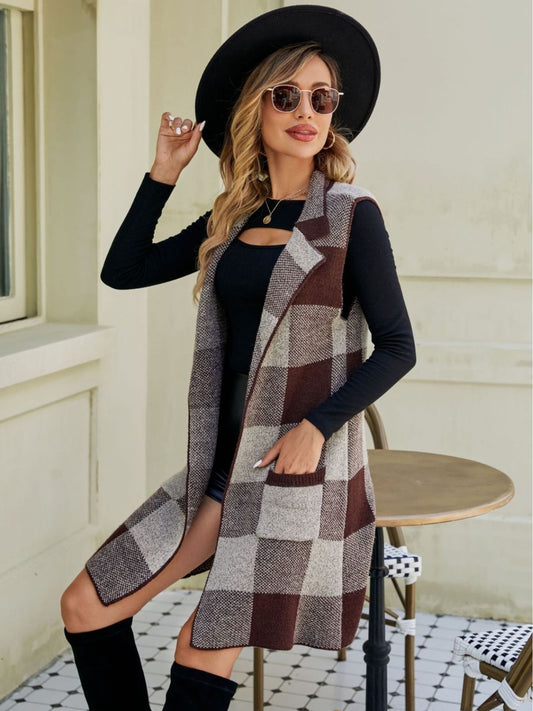 Plaid Lapel Collar Sleeveless Cardigan