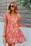 Printed V-Neck Short Sleeve Tiered Dress