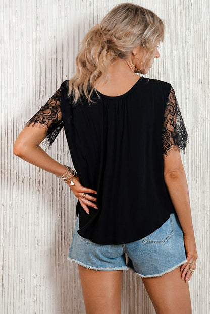 Strappy Neck Spliced Lace Eyelash Trim Blouse