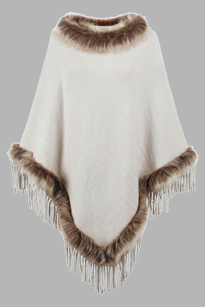 Faux Fur Trim Fringed Poncho