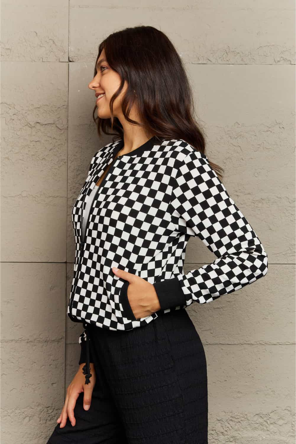 Ninexis Full Size Plaid Round Neck Long Sleeve Jacket