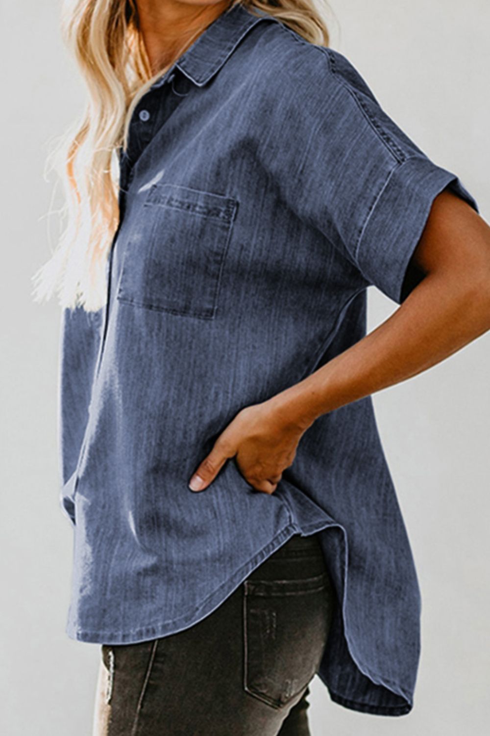 Pocketed Button Up Short Sleeve Denim Shirt