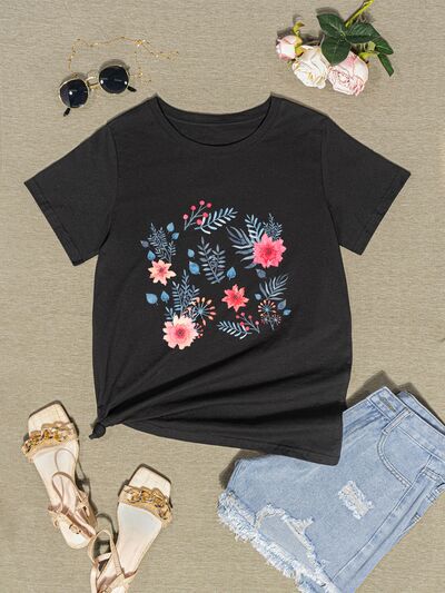 Flower Round Neck Short Sleeve T-Shirt