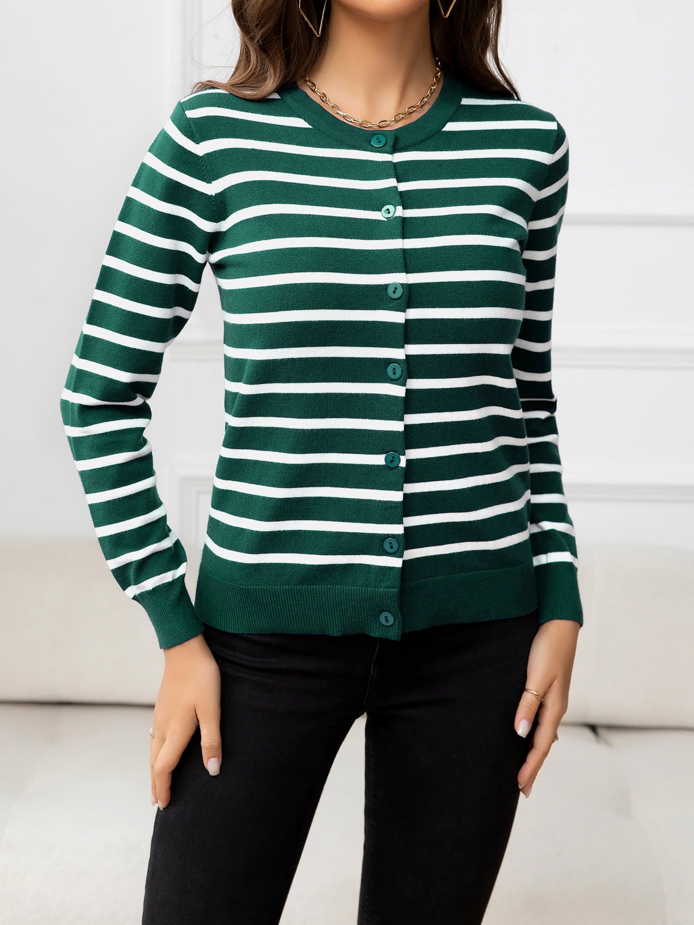 Striped Round Neck Long Sleeve Buttoned Knit Top