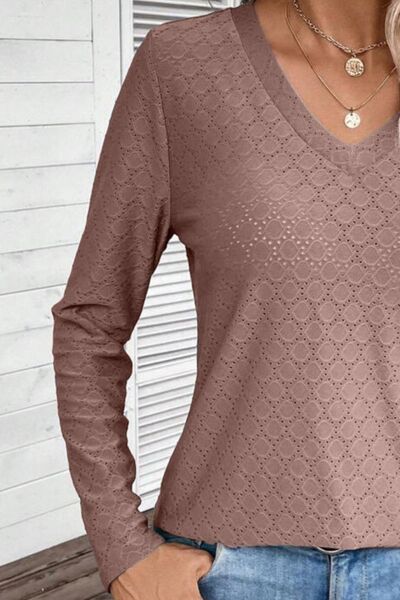 Eyelet V-Neck Long Sleeve T-Shirt