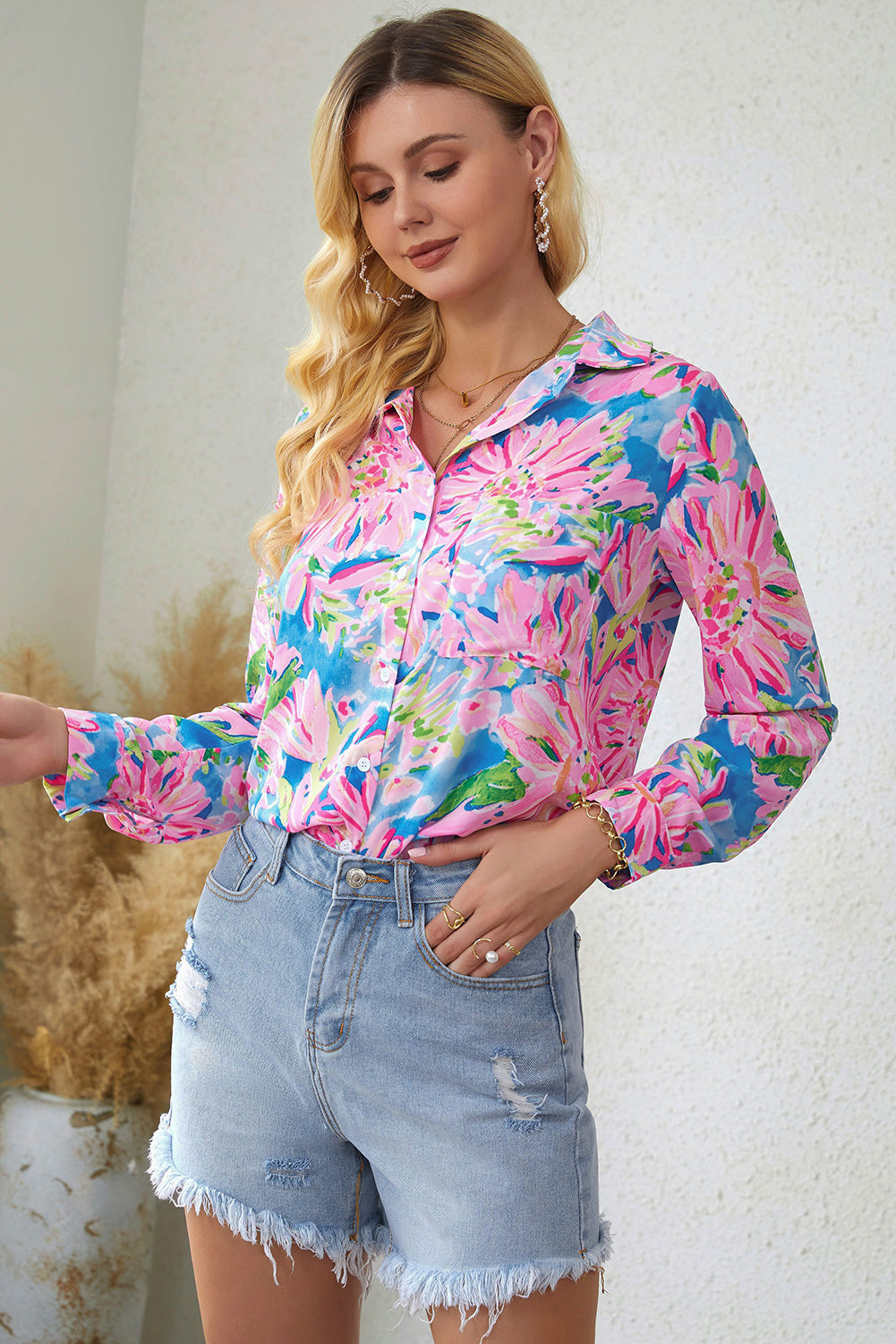 Floral Long Sleeve Collared Shirt