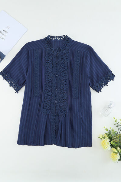 Lace Detail Button Up Short Sleeve Shirt