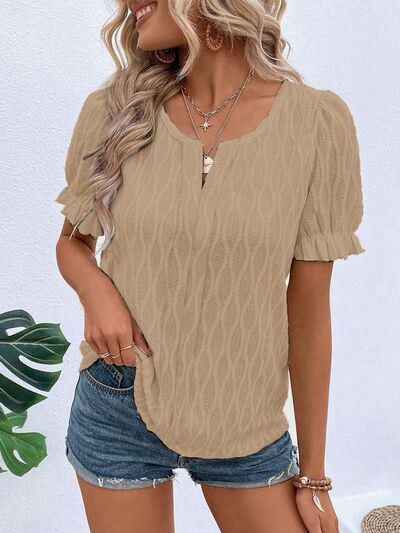 Ruffled Notched Short Sleeve T-Shirt