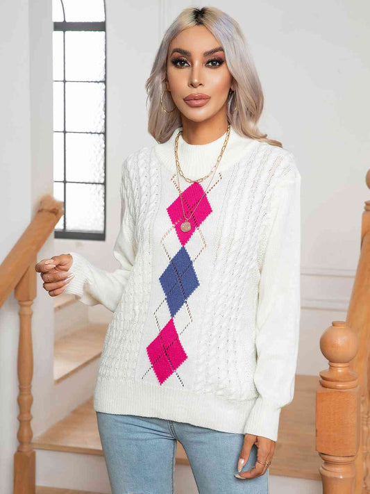 Openwork Geometric Mock Neck Sweater