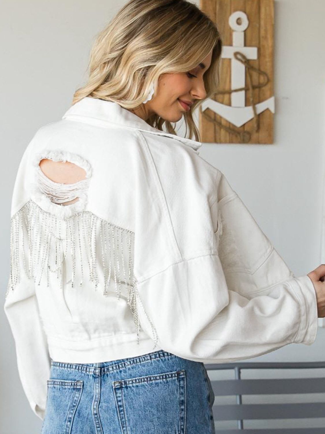 Cropped Collared Neck Dropped Shoulder Denim Jacket