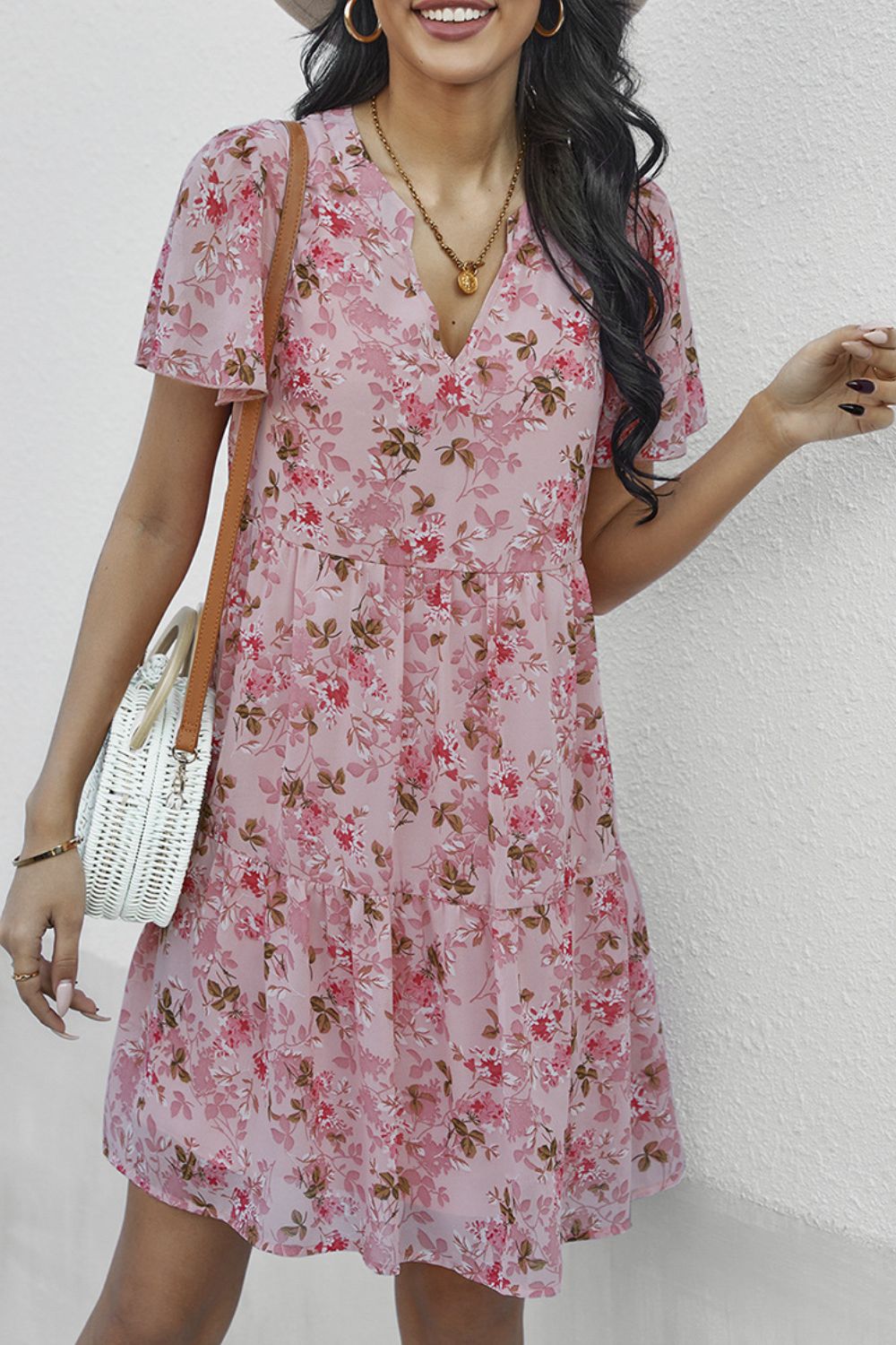 Floral Notched Flutter Sleeve Mini Dress