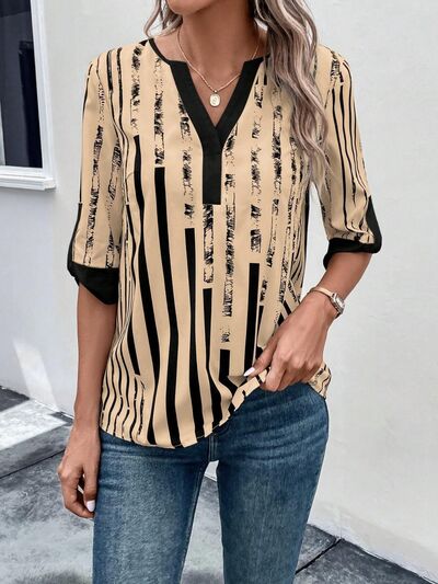 Striped Notched Half Sleeve Blouse