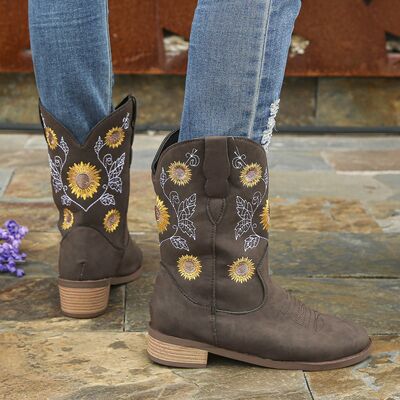 Sunflower Embroidered Block Heel Boots