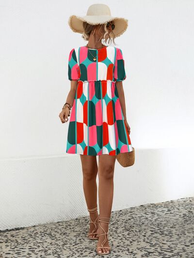 Geometric Frill Round Neck Short Sleeve Dress