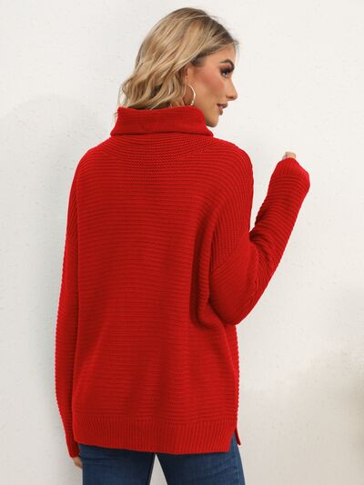 Slit Turtleneck Dropped Shoulder Sweater