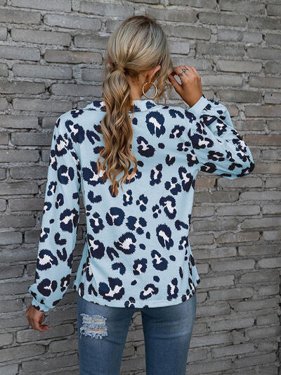 Leopard V-Neck Decorative Button Long Sleeve Blouse