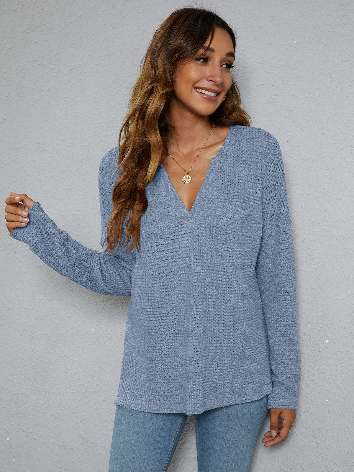 Dropped Shoulder High-Low Waffle-Knit Top