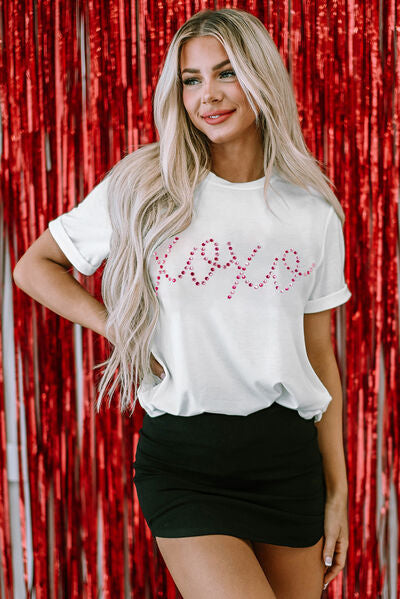 XOXO Rhinestone Round Neck Short Sleeve T-Shirt