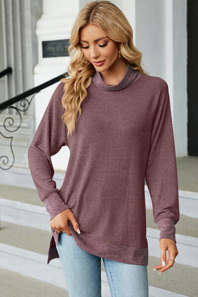 Slit Mock Neck Long Sleeve T-Shirt