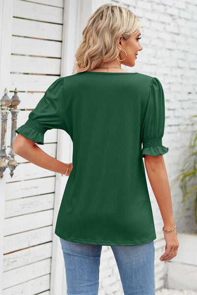 Smocked Square Neck Short Sleeve T-Shirt