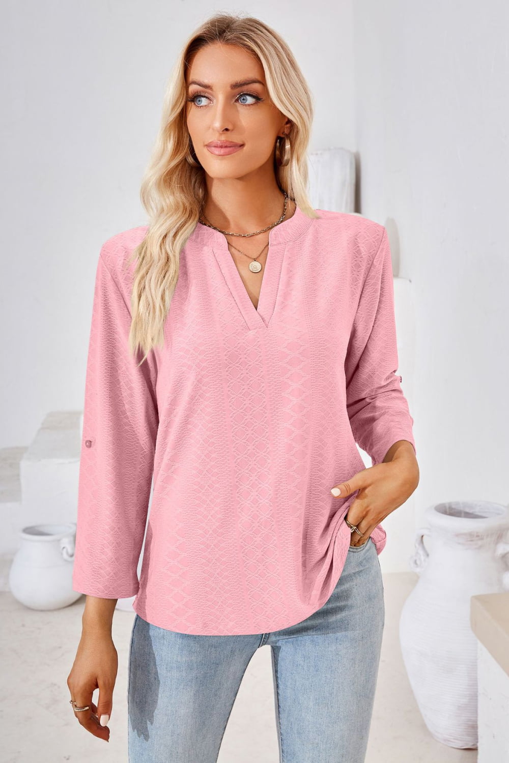 V-Neck Roll-Tap Sleeve Blouse