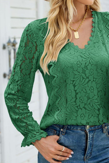 V-Neck Flounce Sleeve Lace Top