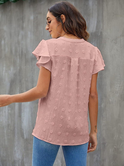 Swiss Dot Notched Cap Sleeve Blouse