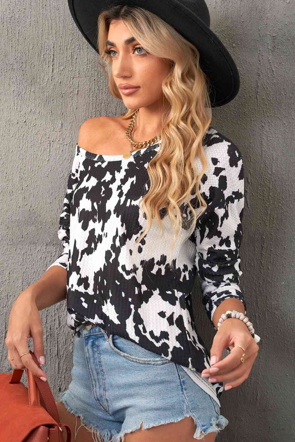 Cow Print Round Neck Long Sleeve Top