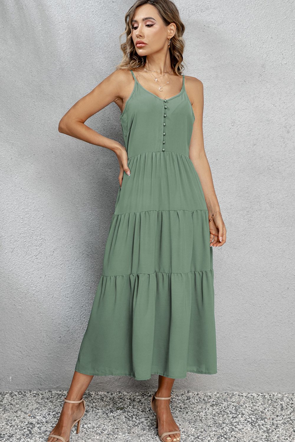 V-Neck Sleeveless Spaghetti Straps Midi Dress