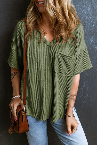 Textured V-Neck Dropped Shoulder T-Shirt