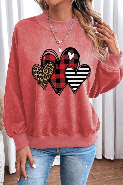 Heart Round Neck Dropped Shoulder Sweatshirt