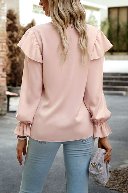 V-Neck Flounce Sleeve Ruffle Trim Blouse