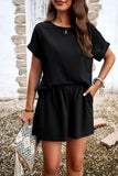 Round Neck Short Sleeve Top and Elastic Waist Shorts Set