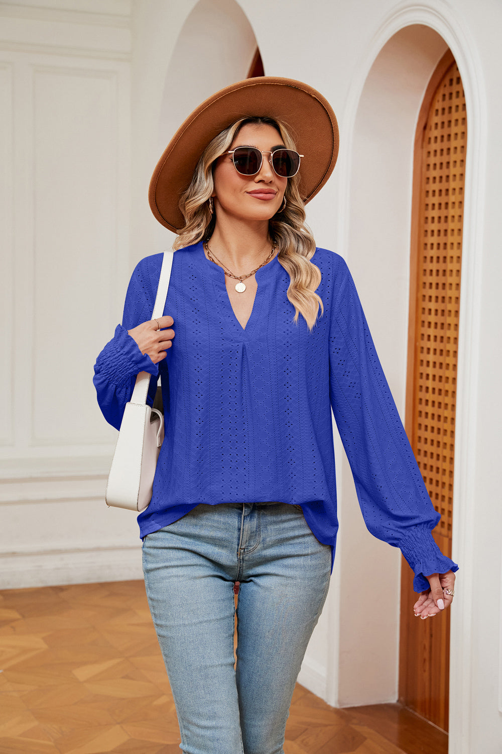 Notched Neck Flounce Sleeve Blouse