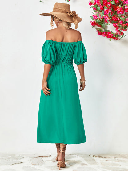 Off-Shoulder Balloon Sleeve Midi Dress