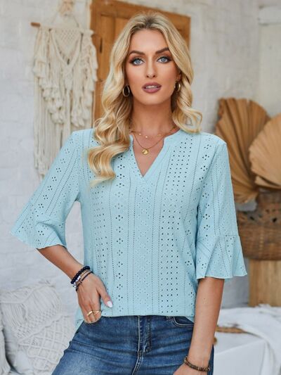 Eyelet Notched Half Sleeve T-Shirt