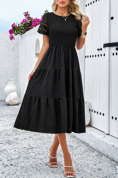 Smocked Round Neck Short Sleeve Midi Dress