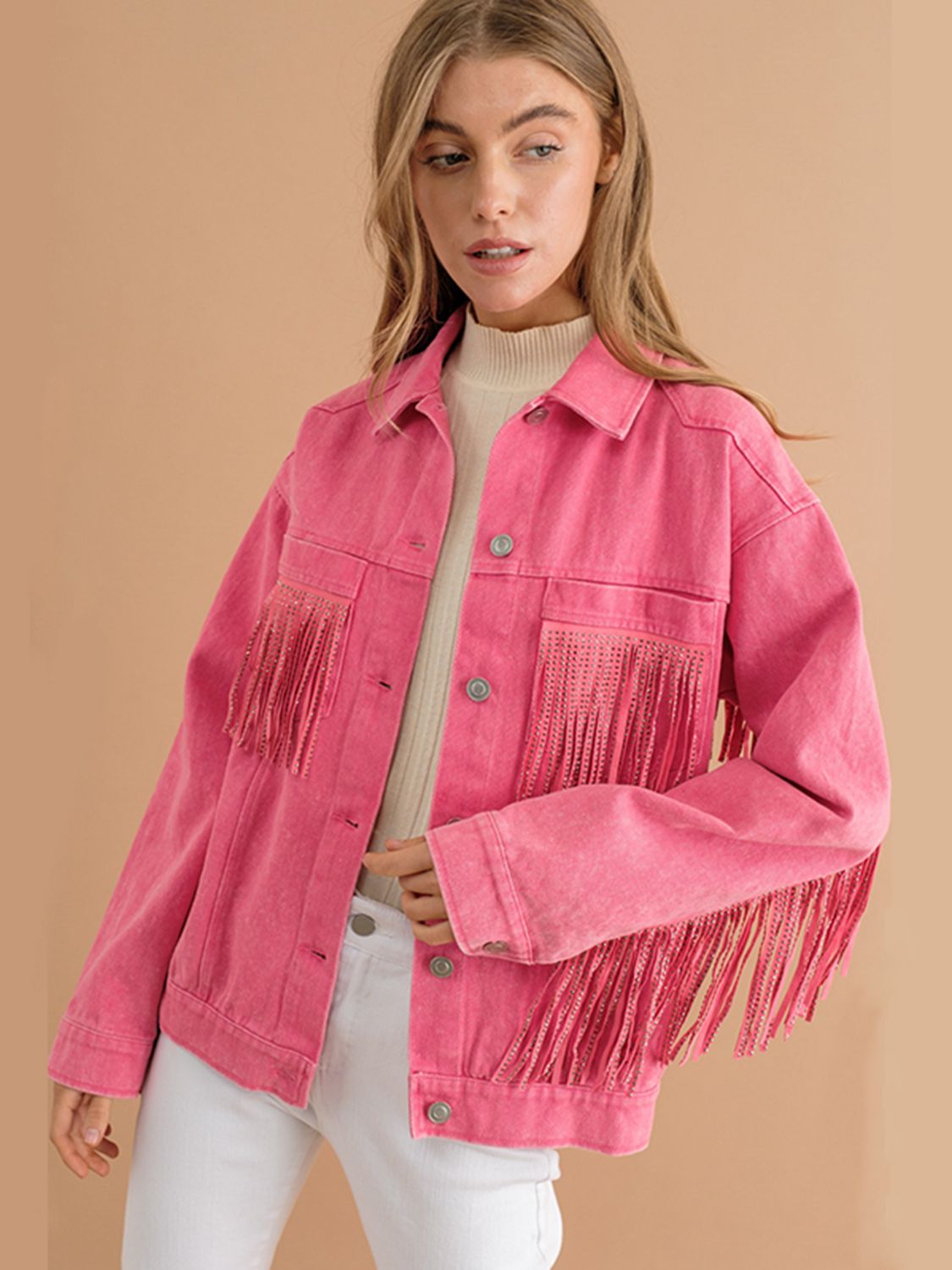 Fringe Detail Dropped Shoulder Denim Jacket