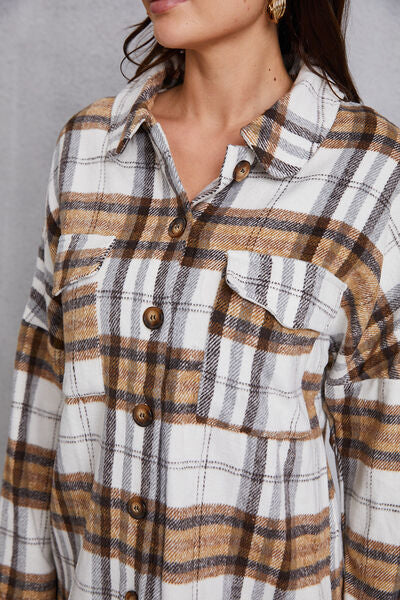 Plaid Button Up Dropped Shoulder Outerwear