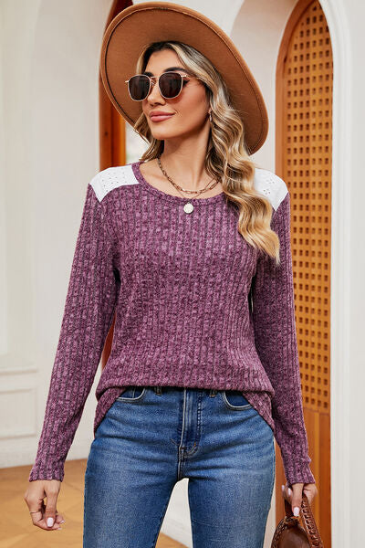 Eyelet Ribbed Round Neck Long Sleeve T-Shirt