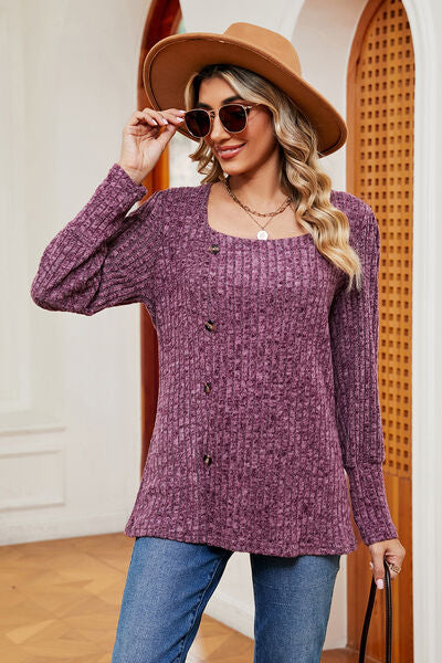 Decorative Button Square Neck T-Shirt