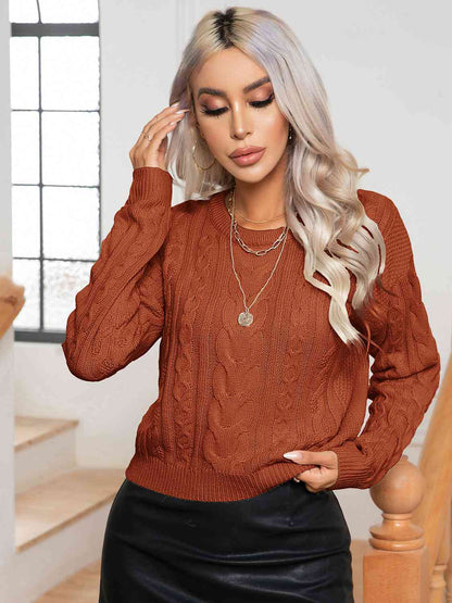 Cable-Knit Round Neck Long Sleeve Sweater